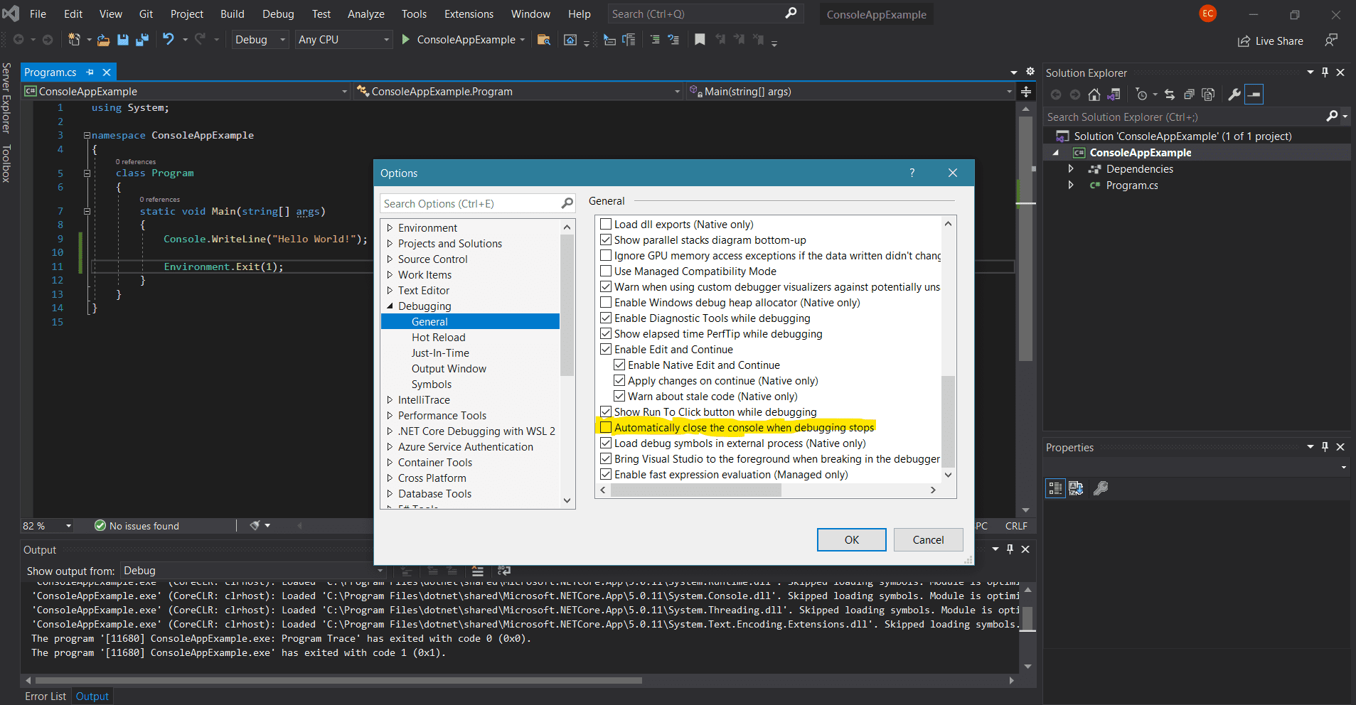 c# console example showing automatically close a console app in visual studio 2019