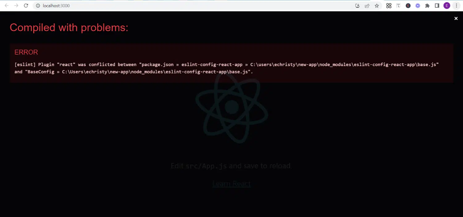 React compiled with problems. Error message conflicted with package.json